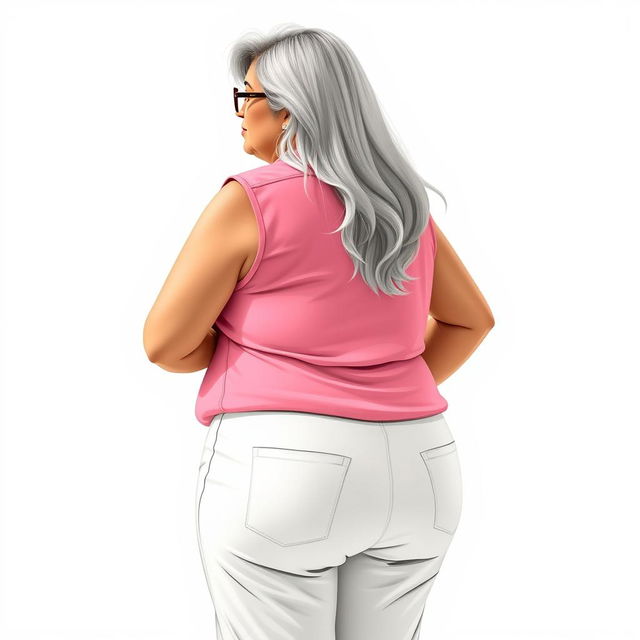 A 55-year-old Indian plus-size woman, illustrated from a behind view, capturing her sensual and buxom figure