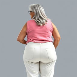 A 55-year-old Indian plus-size woman, illustrated from a behind view, capturing her sensual and buxom figure