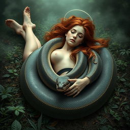 A surreal and artistic representation of a young woman named Emily lying on her back on the ground with slightly spread legs while a giant reticulated python coils around her