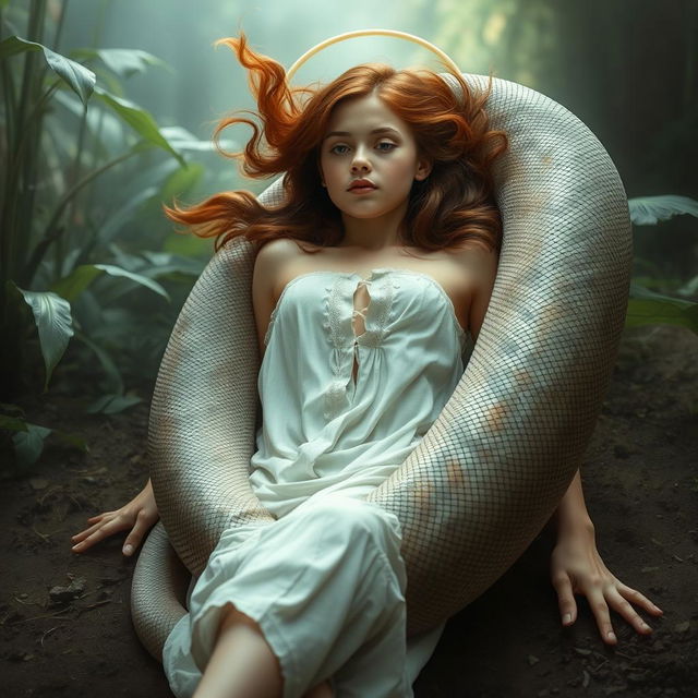 A surreal and artistic representation of a young woman named Emily lying on her back on the ground with slightly spread legs while a giant reticulated python coils around her