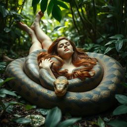 A surreal and imaginative scene featuring a young woman named Emily lying on her back on the ground with slightly spread legs, gently entwined by a giant reticulated python