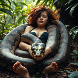 An imaginative and surreal scene depicting a young woman named Emily lying on the ground on her back with slightly spread legs, as a giant reticulated python gracefully coils around her