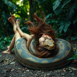 An imaginative and surreal scene depicting a young woman named Emily lying on the ground on her back with slightly spread legs, as a giant reticulated python gracefully coils around her