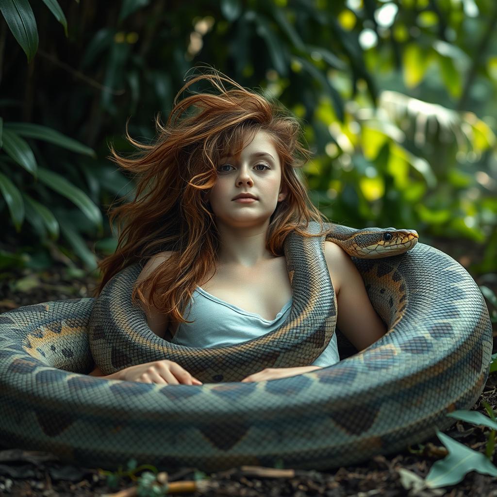 An imaginative and surreal scene depicting a young woman named Emily lying on the ground on her back with slightly spread legs, as a giant reticulated python gracefully coils around her