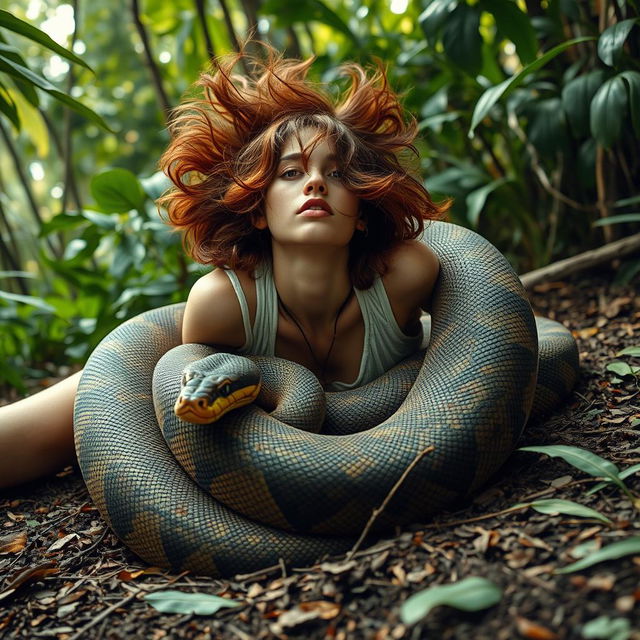 An imaginative and surreal scene depicting a young woman named Emily lying on the ground on her back with slightly spread legs, as a giant reticulated python gracefully coils around her