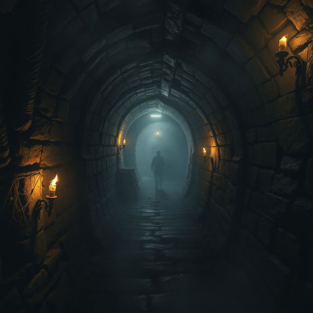 A mysterious and atmospheric depiction of dark, winding tunnels beneath Paris