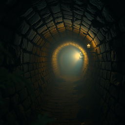 A mysterious and atmospheric depiction of dark, winding tunnels beneath Paris