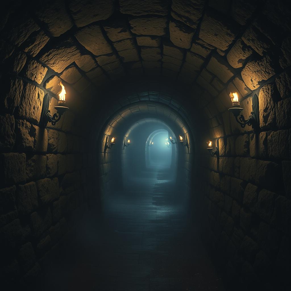 A mysterious and atmospheric depiction of dark, winding tunnels beneath Paris