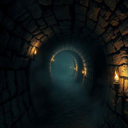 A mysterious and atmospheric depiction of dark, winding tunnels beneath Paris