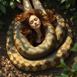 An imaginative and surreal depiction of a young woman named Emily lying on her back on the ground with slightly spread legs, a giant reticulated python coiling around her