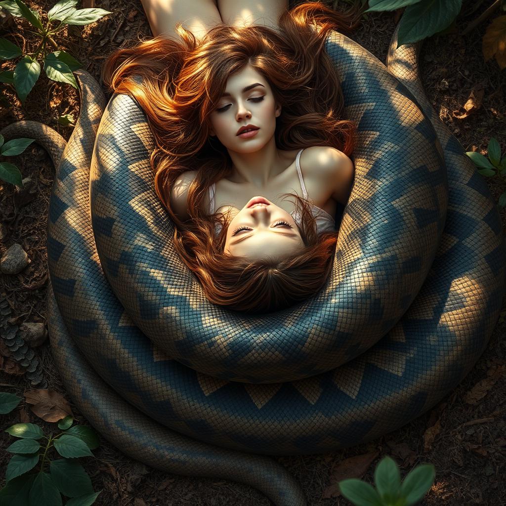 An imaginative and surreal depiction of a young woman named Emily lying on her back on the ground with slightly spread legs, a giant reticulated python coiling around her