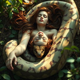 An imaginative and surreal depiction of a young woman named Emily lying on her back on the ground with slightly spread legs, a giant reticulated python coiling around her