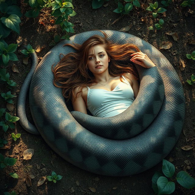 An imaginative and surreal depiction of a young woman named Emily lying on her back on the ground with slightly spread legs, a giant reticulated python coiling around her