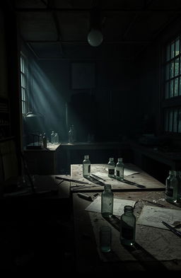 An eerie, dark, abandoned laboratory filled with broken glass and old, rusted equipment