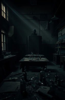 An eerie, dark, abandoned laboratory filled with broken glass and old, rusted equipment