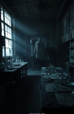 An eerie, dark, abandoned laboratory filled with broken glass and old, rusted equipment