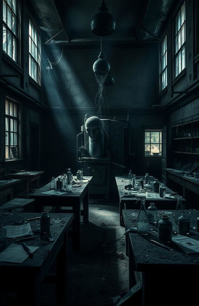 An eerie, dark, abandoned laboratory filled with broken glass and old, rusted equipment