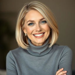 An elegant blonde woman aged 38 to 45 with a bob haircut