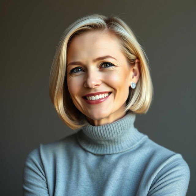 An elegant blonde woman aged 38 to 45 with a bob haircut