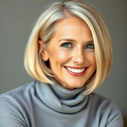 An elegant blonde woman aged 38 to 45 with a bob haircut