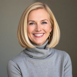 An elegant blonde woman aged 38 to 45 with a bob haircut