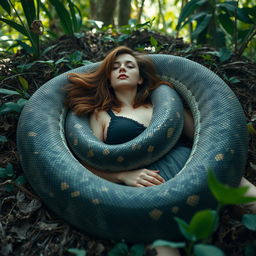 A surreal and imaginative scene featuring a woman in her twenties lying on her back on the ground with slightly spread legs, as a giant reticulated python gracefully coils around her