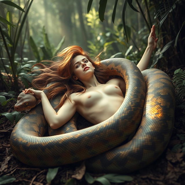 A surreal and imaginative scene featuring a woman in her twenties lying on her back on the ground with slightly spread legs, as a giant reticulated python gracefully coils around her