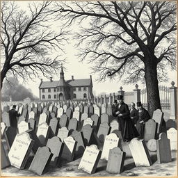 A detailed historical engraving depicting a scene of cemetery overcrowding, featuring numerous headstones closely packed together, some partly fallen over and worn by age