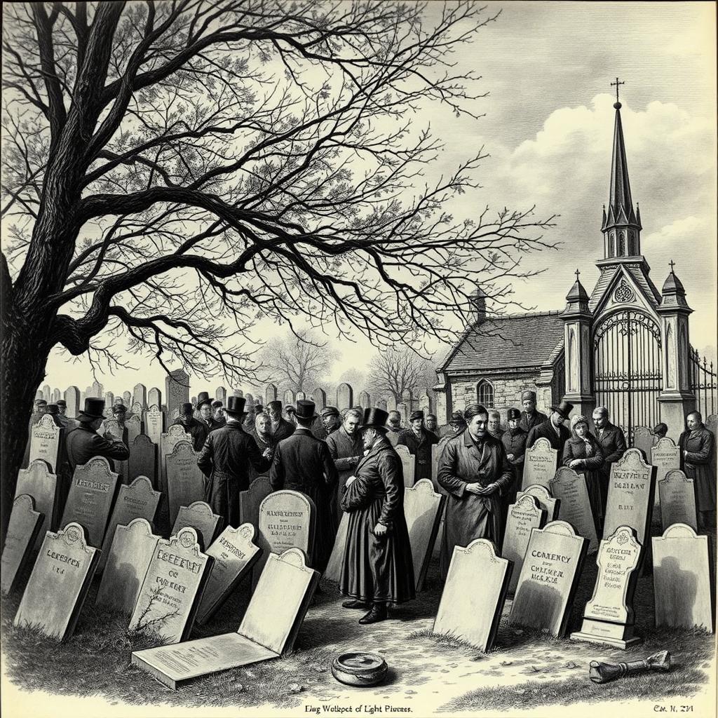 A detailed historical engraving depicting a scene of cemetery overcrowding, featuring numerous headstones closely packed together, some partly fallen over and worn by age