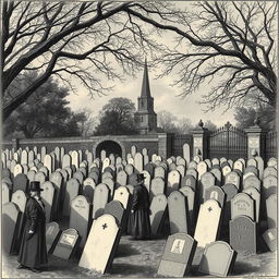 A detailed historical engraving depicting a scene of cemetery overcrowding, featuring numerous headstones closely packed together, some partly fallen over and worn by age