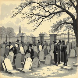 A detailed historical engraving depicting a scene of cemetery overcrowding, featuring numerous headstones closely packed together, some partly fallen over and worn by age