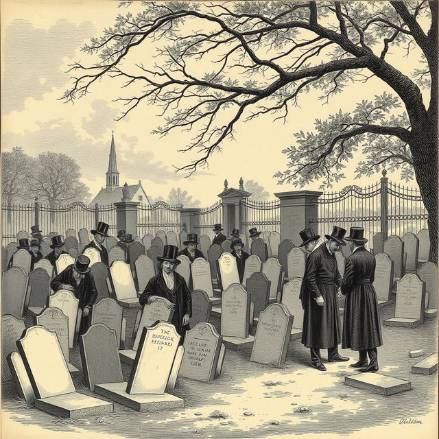 A detailed historical engraving depicting a scene of cemetery overcrowding, featuring numerous headstones closely packed together, some partly fallen over and worn by age