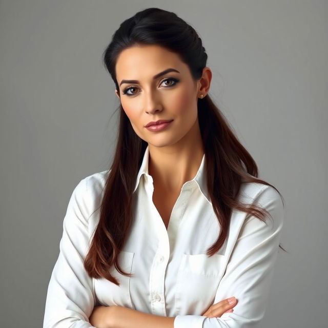 A fiery brunette woman aged 40 with long, thick hair styled in a low ponytail