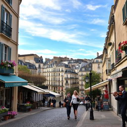 A beautiful view of Parisian streets above the Catacombs, showcasing charming cobblestone paths lined with vintage cafes and quaint shops, with flowers spilling from window boxes