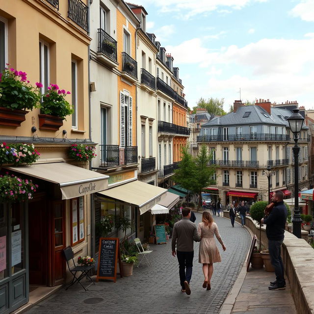 A beautiful view of Parisian streets above the Catacombs, showcasing charming cobblestone paths lined with vintage cafes and quaint shops, with flowers spilling from window boxes