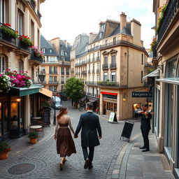 A beautiful view of Parisian streets above the Catacombs, showcasing charming cobblestone paths lined with vintage cafes and quaint shops, with flowers spilling from window boxes