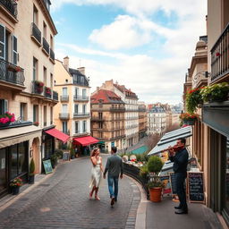 A beautiful view of Parisian streets above the Catacombs, showcasing charming cobblestone paths lined with vintage cafes and quaint shops, with flowers spilling from window boxes
