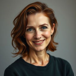 A 42-year-old woman with auburn, slightly wavy hair and freckles