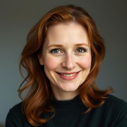 A 42-year-old woman with auburn, slightly wavy hair and freckles