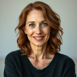 A 42-year-old woman with auburn, slightly wavy hair and freckles