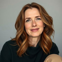 A 42-year-old woman with auburn, slightly wavy hair and freckles