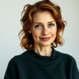 A full-length portrait of a 42-year-old woman with auburn, slightly wavy hair and freckles