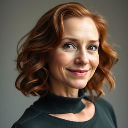 A full-length portrait of a 42-year-old woman with auburn, slightly wavy hair and freckles
