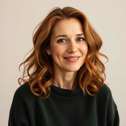 A full-length portrait of a 42-year-old woman with auburn, slightly wavy hair and freckles