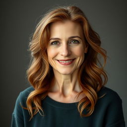 A full-length portrait of a 42-year-old woman with auburn, slightly wavy hair and freckles