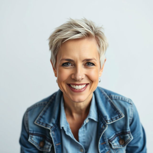 A 45-year-old woman with a pixie haircut and a cheerful expression on her face