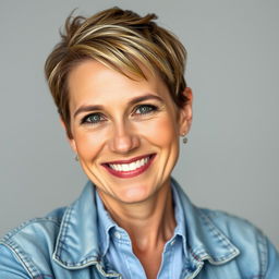 A 45-year-old woman with a pixie haircut and a cheerful expression on her face