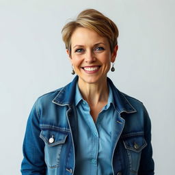 A 45-year-old woman with a pixie haircut and a cheerful expression on her face