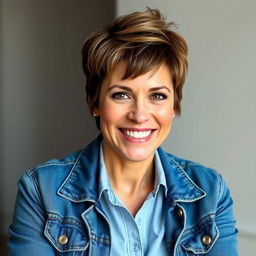 A 45-year-old woman with a pixie haircut and a cheerful expression on her face