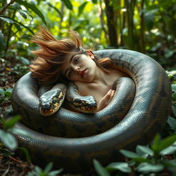 A surreal and artistic scene featuring a woman in her twenties lying on her back on the ground, with a giant reticulated python gracefully coiled around her